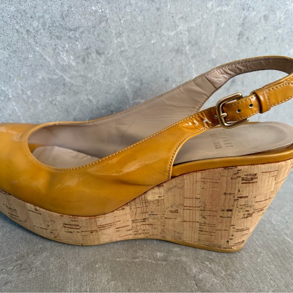 Tan patent-leather peep-toe wedges - Picture 9 of 14